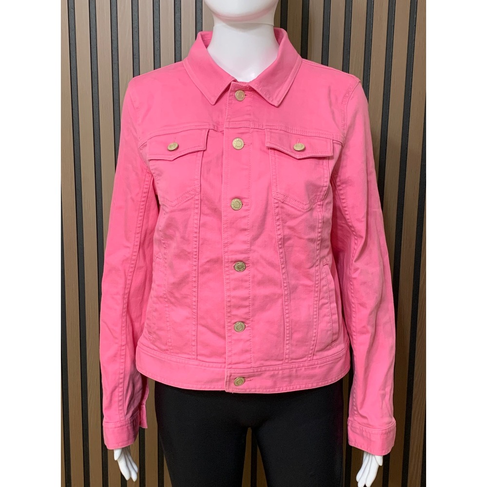 Talbots Women's Pink Denim Jacket M Stretch Cotton Trucker Button Front Coat
